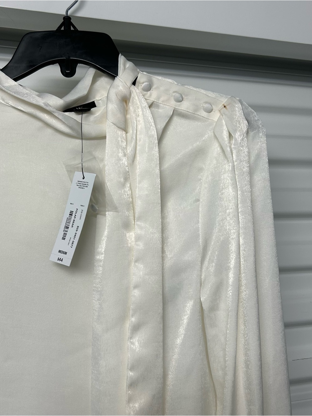 Worthington Cream Satin Tie-Neck Blouse with Shoulder Buttons - Picture 3 of 14